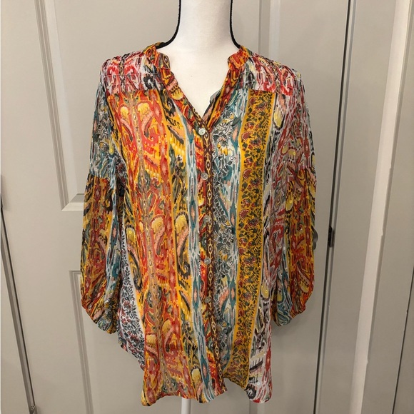 Figueroa & Flower sheer colorful patterned button down blouse size M - Picture 1 of 16